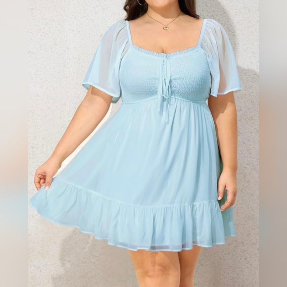 LILLUSORY Women's Flowy Casual Mini Dresses 2024 Summer Smocked V Neck Flutter - Picture 14 of 14